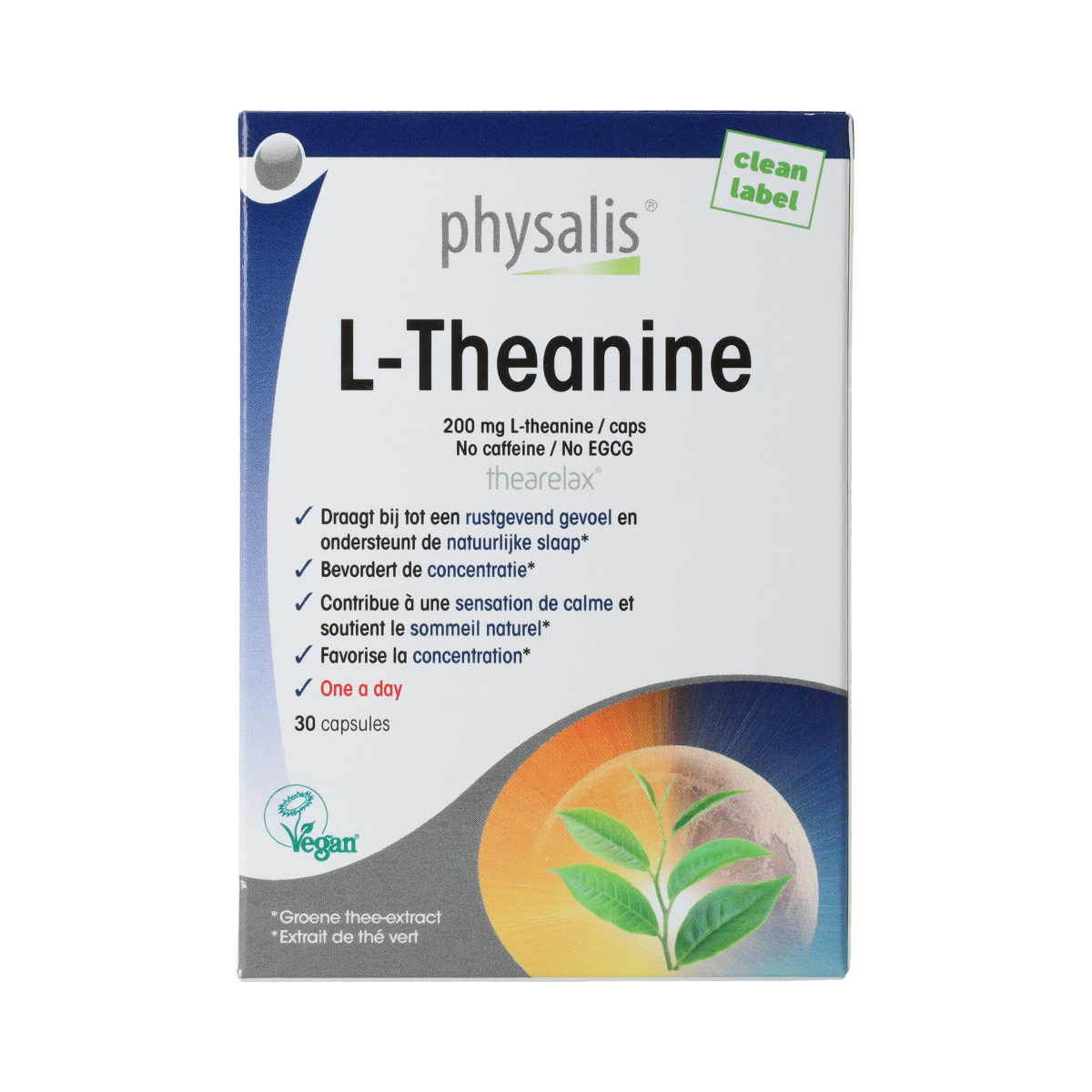 Physalis L-Theanine amino acid capsules in a clear bottle, showing 30 capsules, designed for relaxation and mental focus.