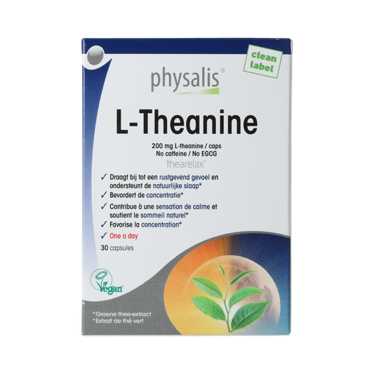 Physalis L-Theanine amino acid capsules in a clear bottle, showing 30 capsules, designed for relaxation and mental focus.