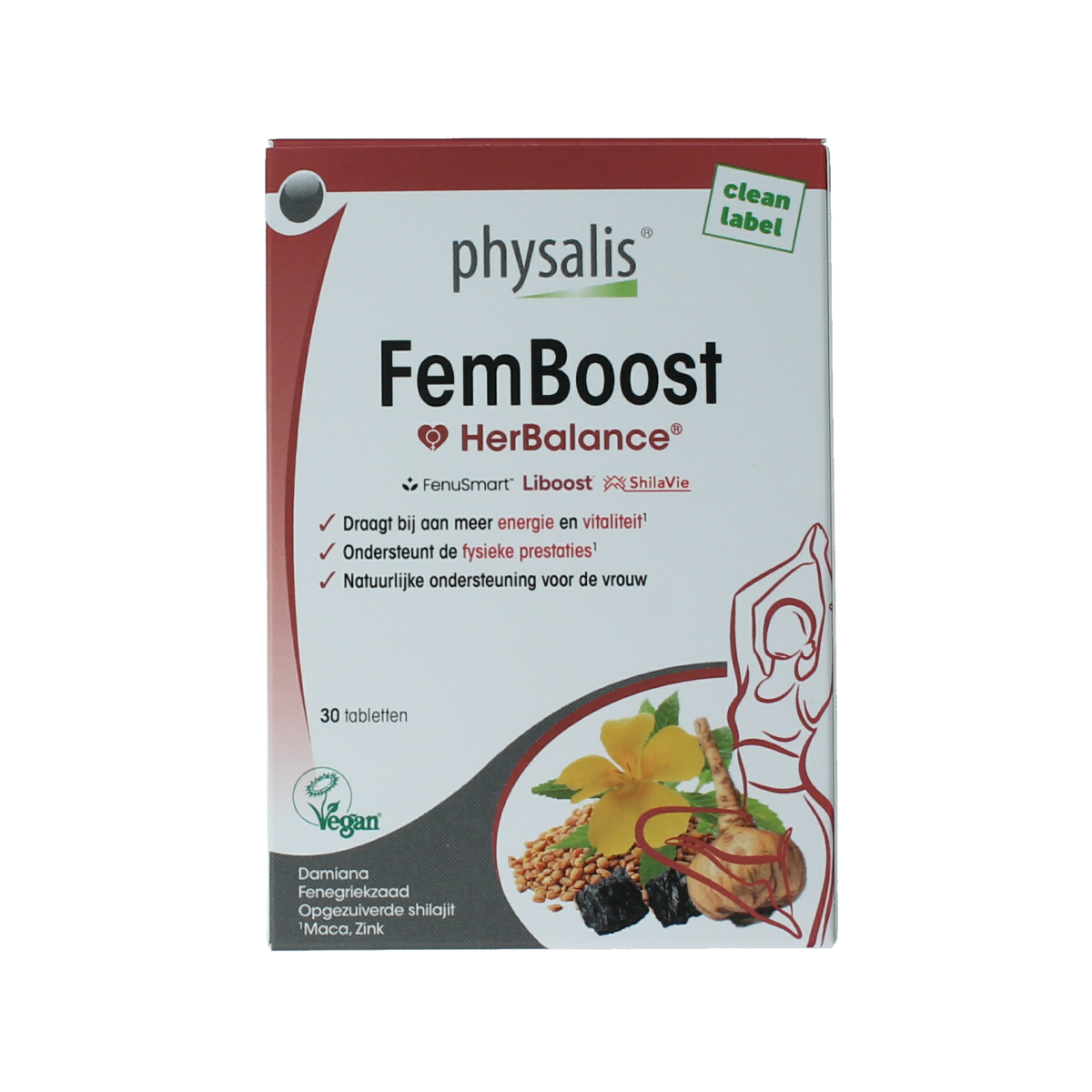 Physalis FemBoost dietary supplement tablets in a bottle, natural herbal ingredients for women's health support.