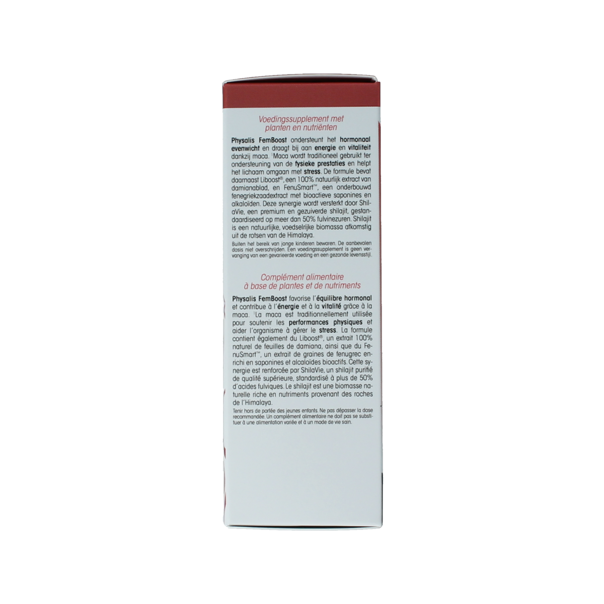 Physalis FemBoost dietary supplement tablets in a bottle, featuring natural herbal ingredients for women's health support.