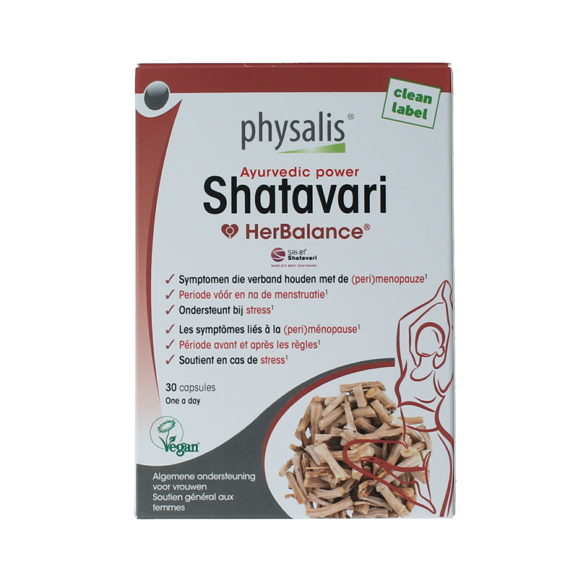Physalis Shatavari capsules, herbal dietary supplement in a white bottle with a label, featuring 30 capsules for women's health.