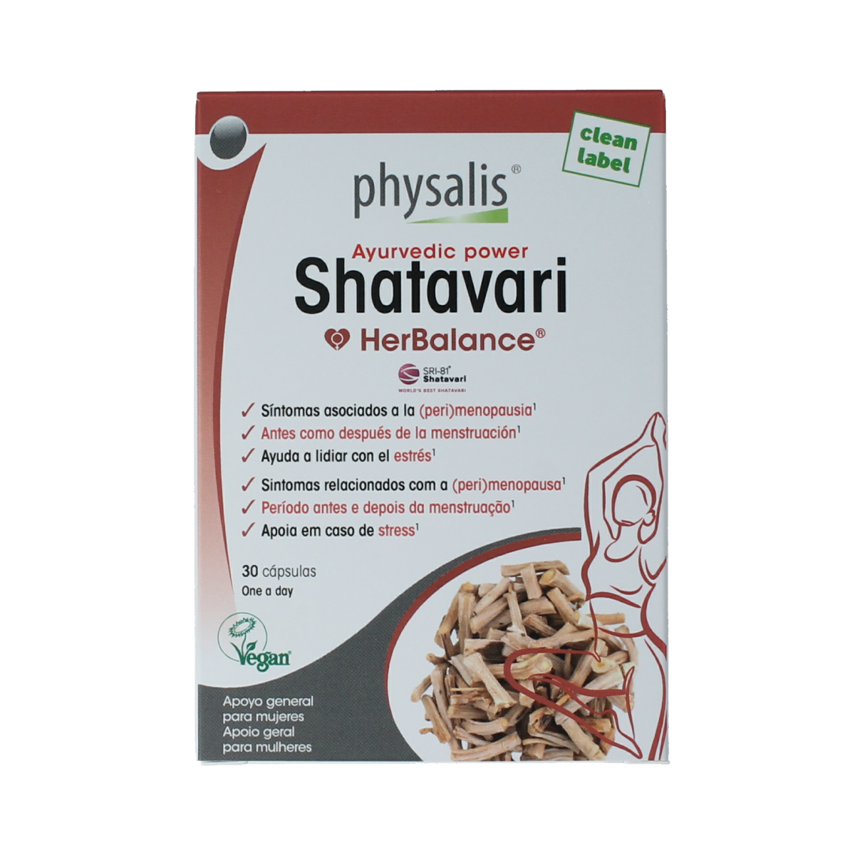 Physalis Shatavari capsules, herbal supplement in a clear bottle, showing 30 capsules for women's health and hormone balance.
