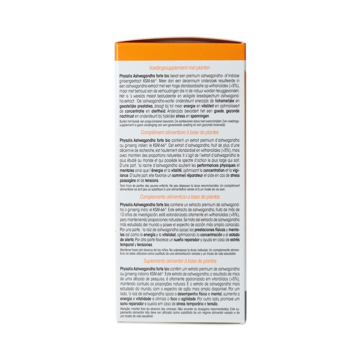 Physalis Ashwagandha Forte bio supplement in a bottle of 60 tablets, herbal adaptogen for stress relief and wellness.