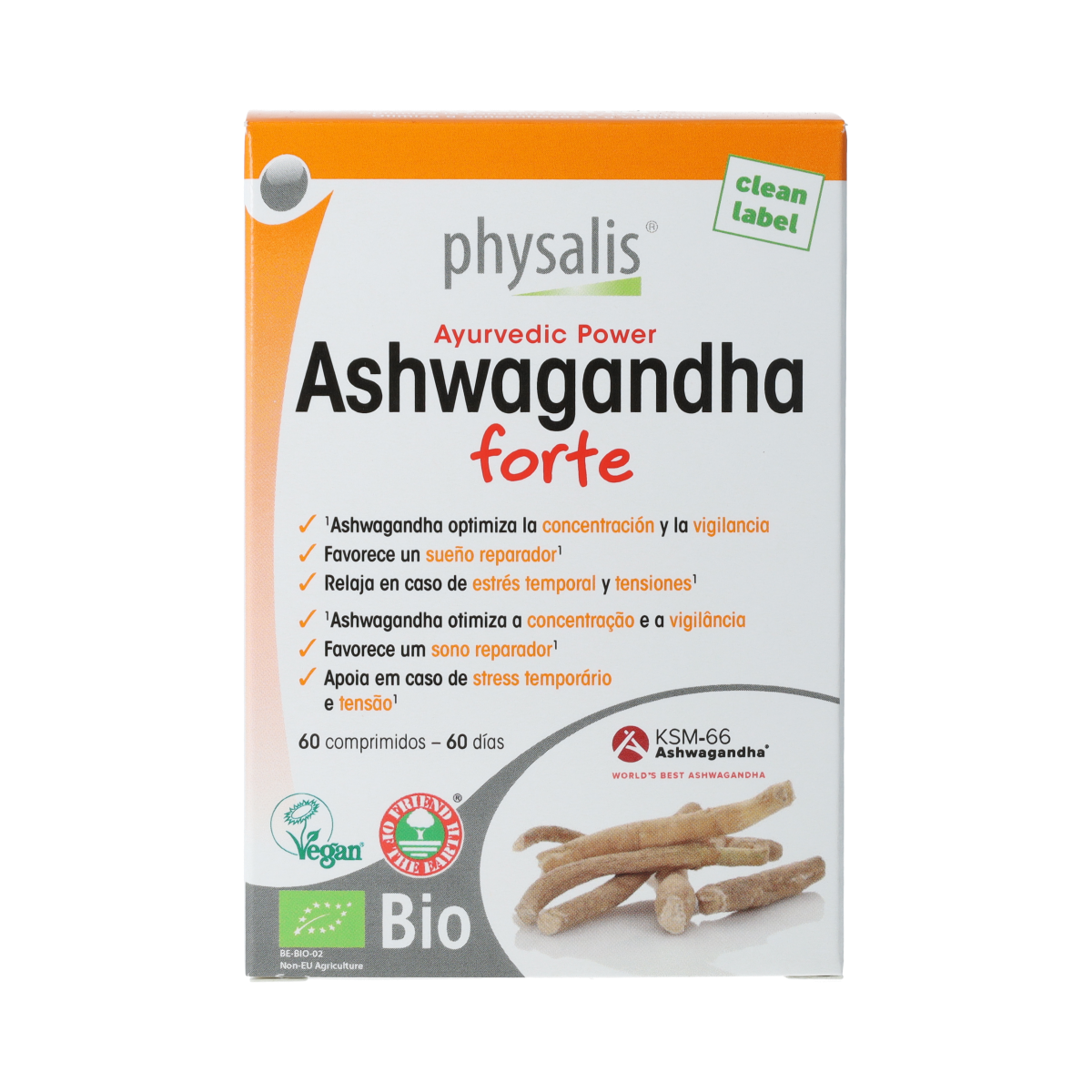 Physalis Ashwagandha Forte bio herbal supplement tablets in a bottle, natural supplement for stress and vitality.