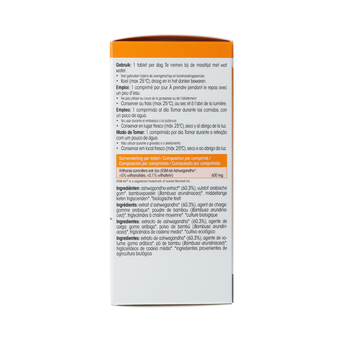 Physalis Ashwagandha Forte bio tablets in a bottle, herbal supplement for stress and vitality, displayed with tablets and packaging.
