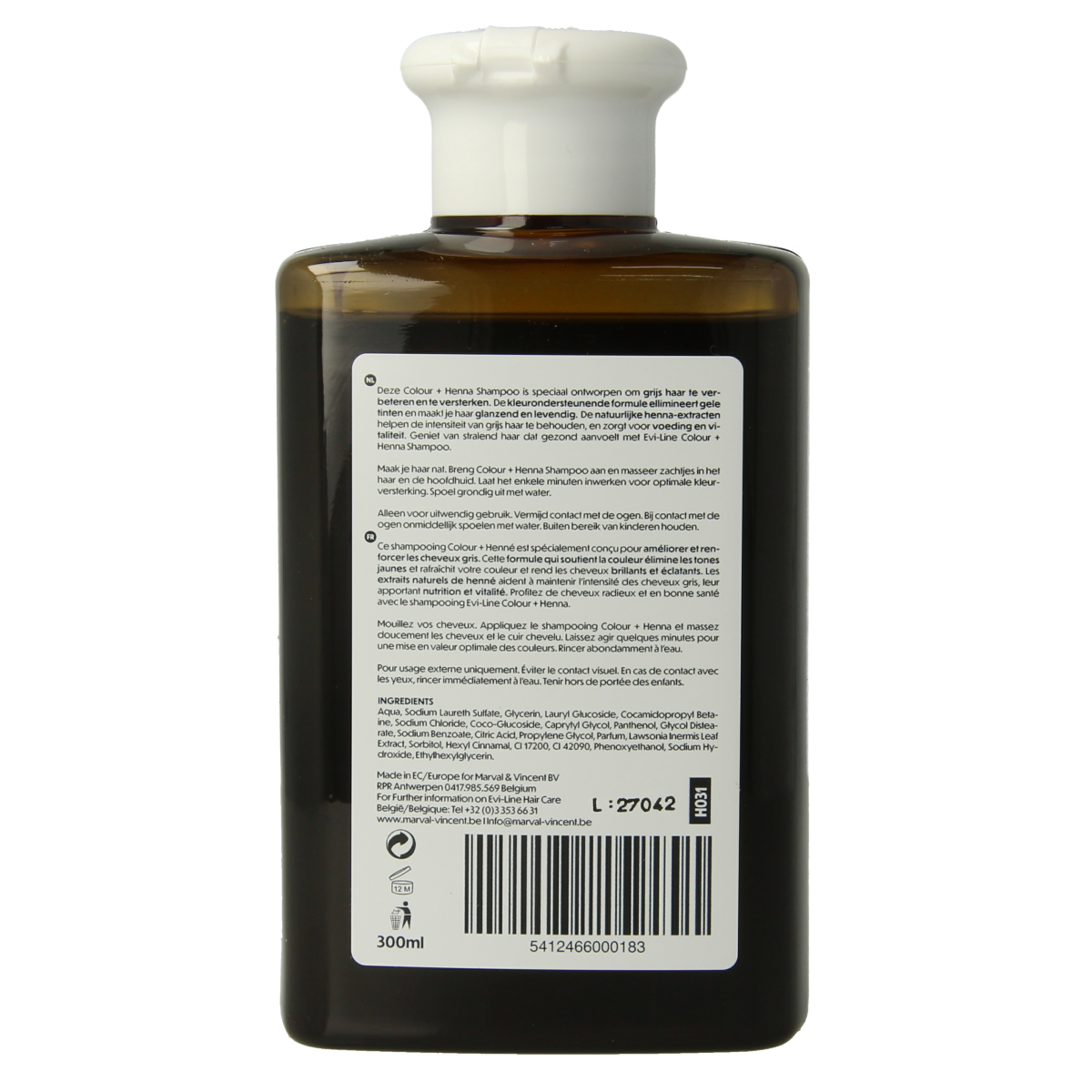 Evi Line colour and gray shampoo bottle, 300ml, with label showing product details and brand logo.