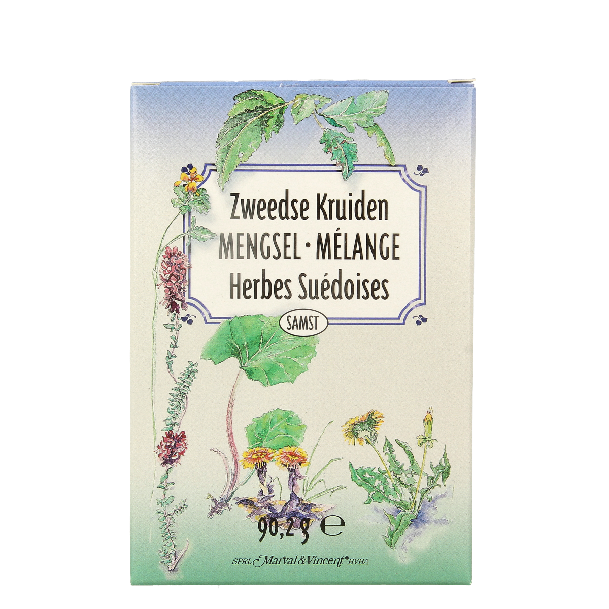 Marval&Vincent Zweedse kruiden mengsel in 90.20g container, showing dried herbs in a clear jar for seasoning and cooking.