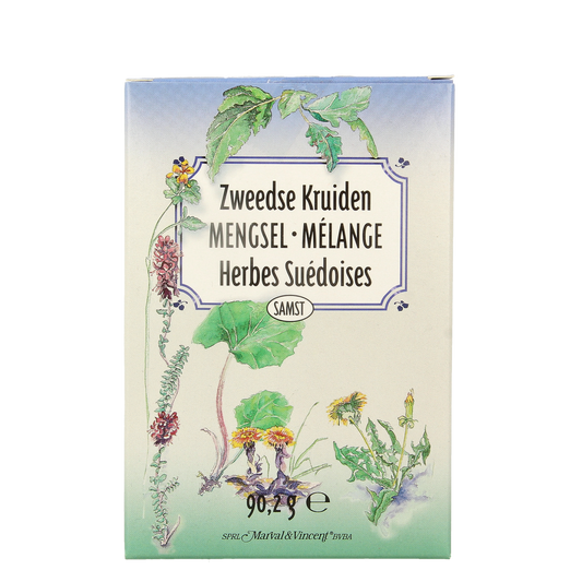 Marval&Vincent Zweedse kruiden mengsel in 90.20g container, showing dried herbs in a clear jar for seasoning and cooking.