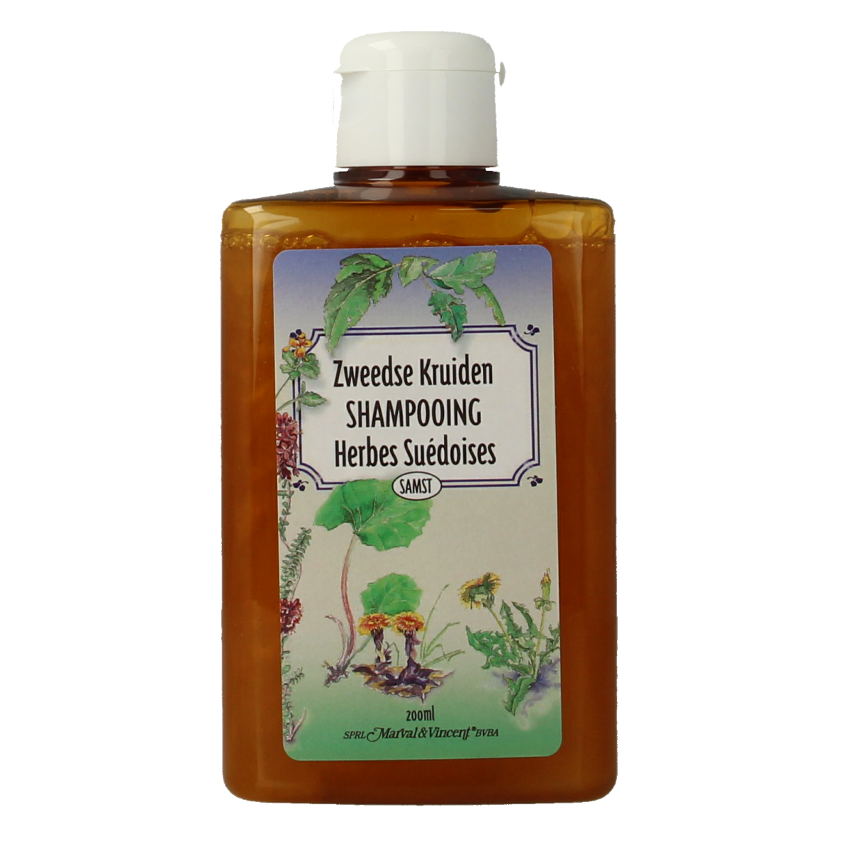 Marval&Vincent shampoo with herbal ingredients in a 200ml bottle, showcasing the herbal-infused hair care product.