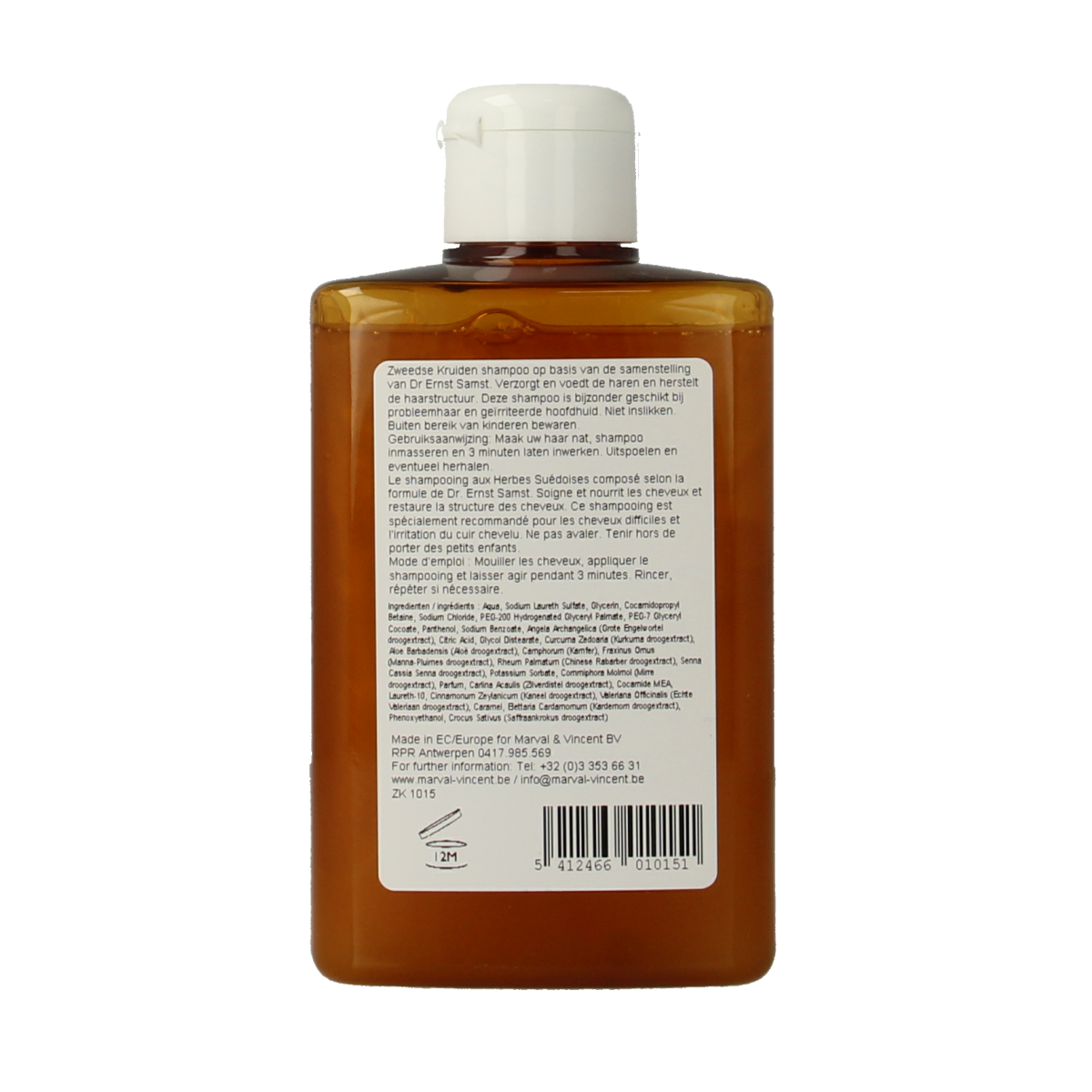Marval&Vincent Haarverzorging shampoo met Zweedse kruiden, 200 ml, flacon met witte en groene label, geschikt voor haarverzorging.