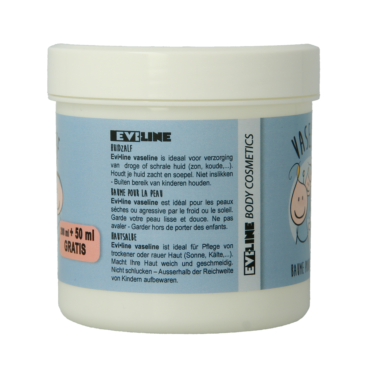 Evi Line Vaseline body lotion bottle, 250ml, for moisturizing skin care, with a white and blue label and pump dispenser.
