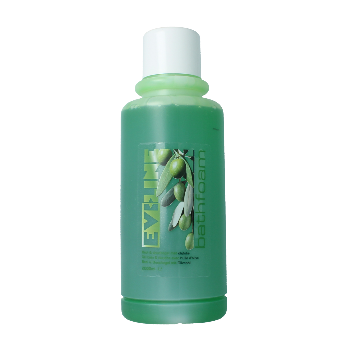 Evi Line olive-scented bath and shower gel in a 2-liter bottle, with a clean, minimalist design and label.