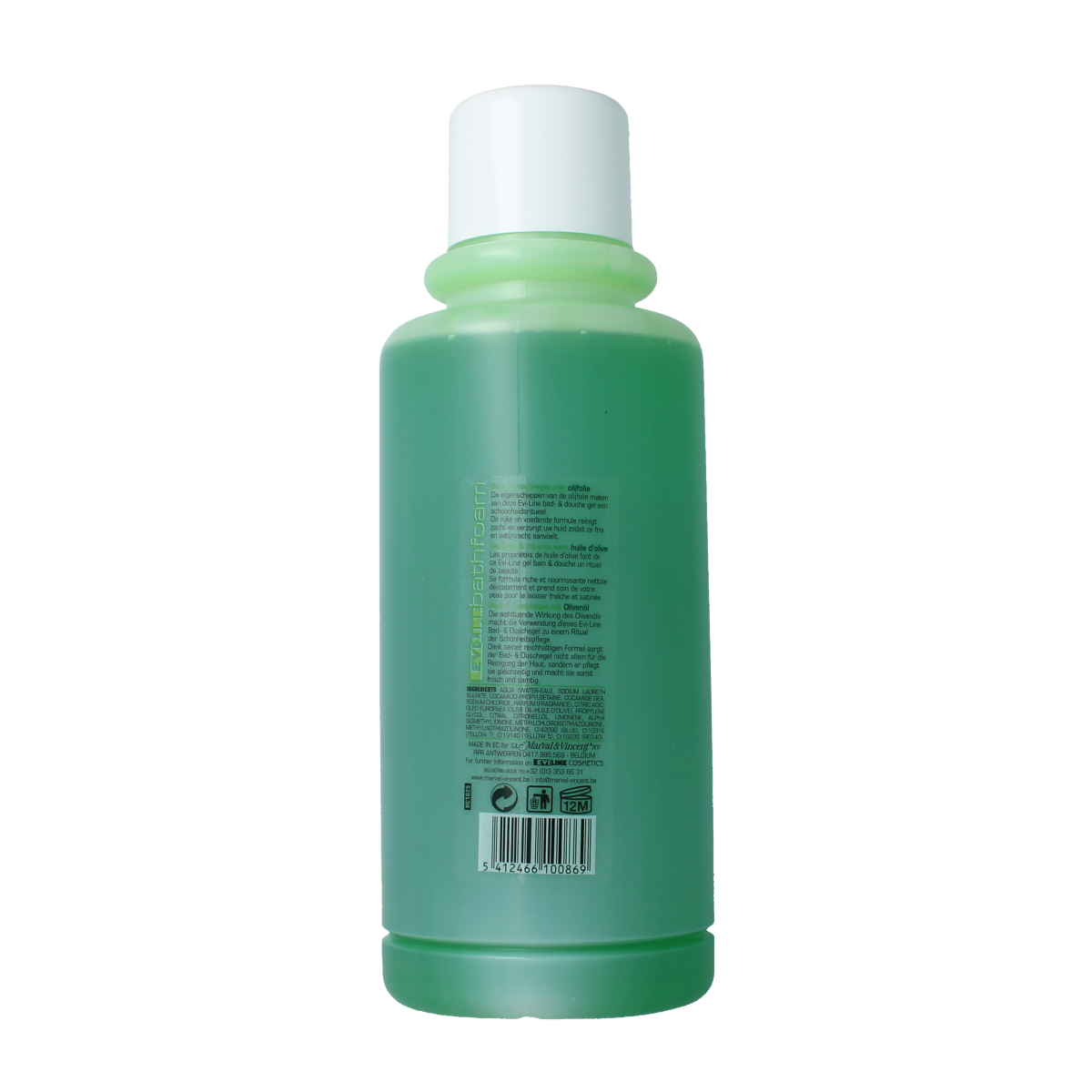 Evi Line olive scented bath and shower gel in a 2-liter bottle, featuring a clear label and a white cap.