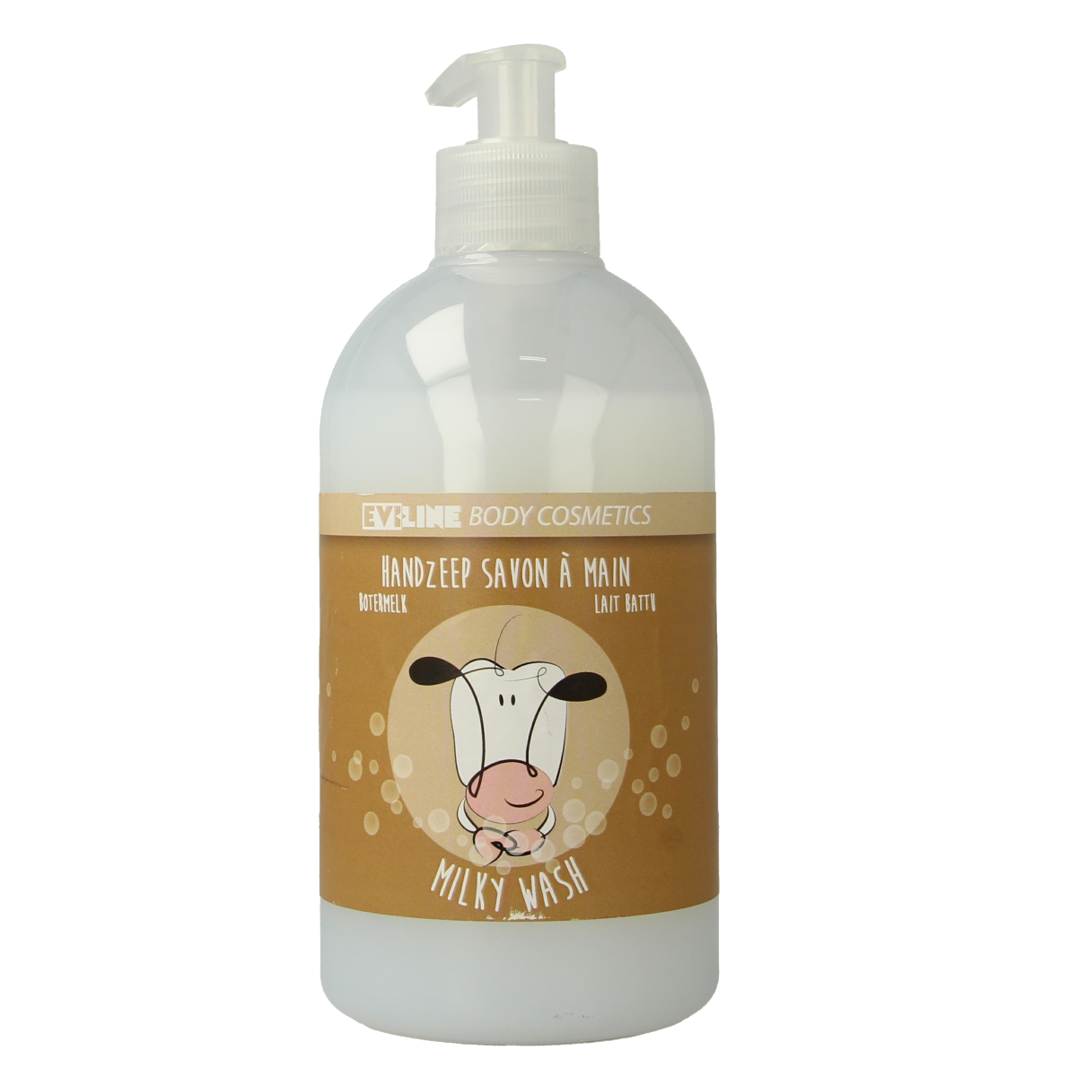 Evi Line Milk Wash liquid soap in a 500ml bottle, natural body care product with a clean design and soft white color.
