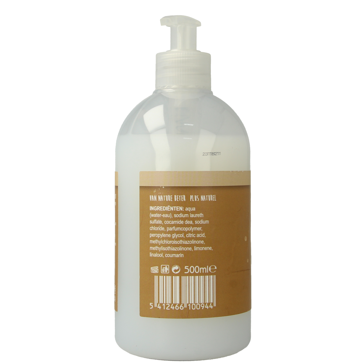 Evi Line Milk Wash liquid soap in 500ml bottle, gentle body cleanser with moisturizing milk formula, displayed in a clear bottle.