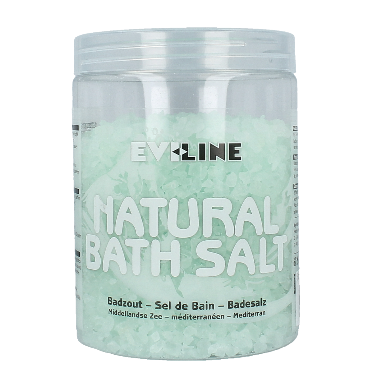 Evi Line groene thee bad en douche badzout in 1 kg container, natural green tea scent, for calming bath and shower experiences.
