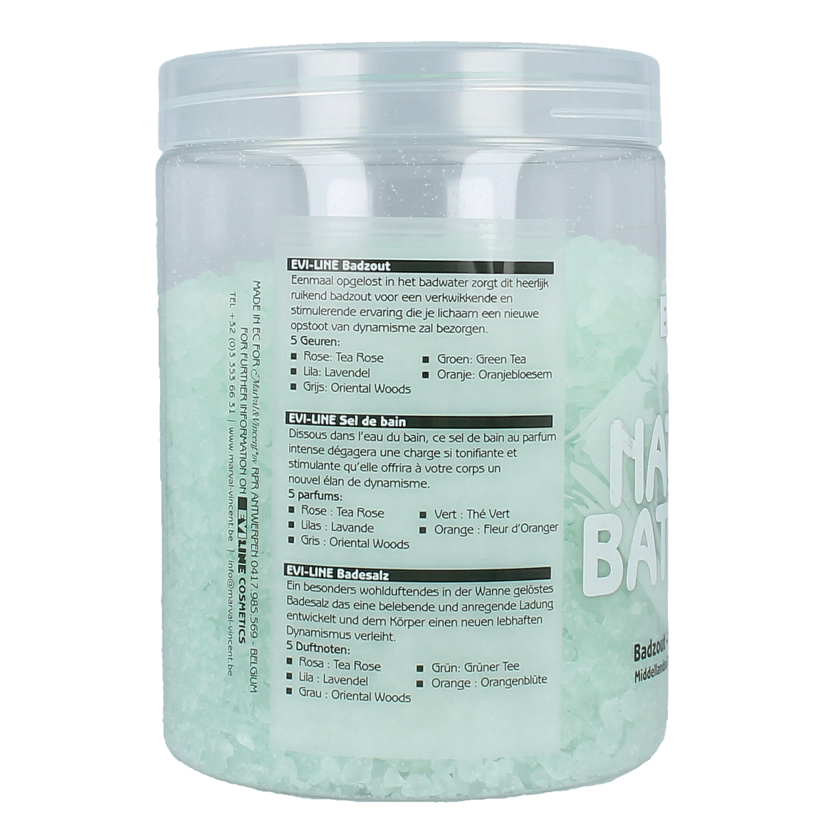 Evi Line groene thee bad en douche badzout in 1kg container, natural green tea scent for relaxing bath and shower experience.