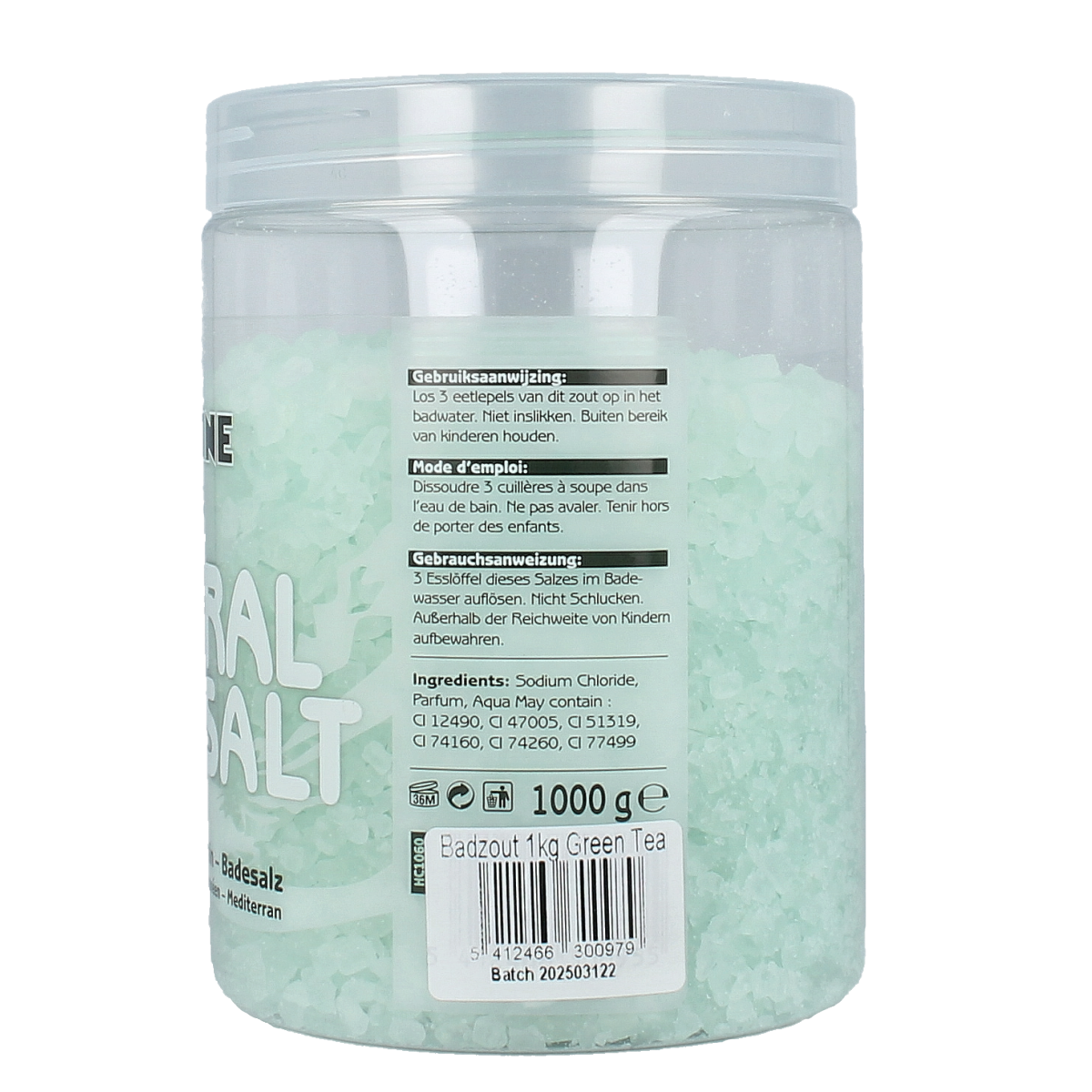Evi Line groene thee bad en douche badzout in 1kg package, natural green tea scent for relaxing bath and shower experience.