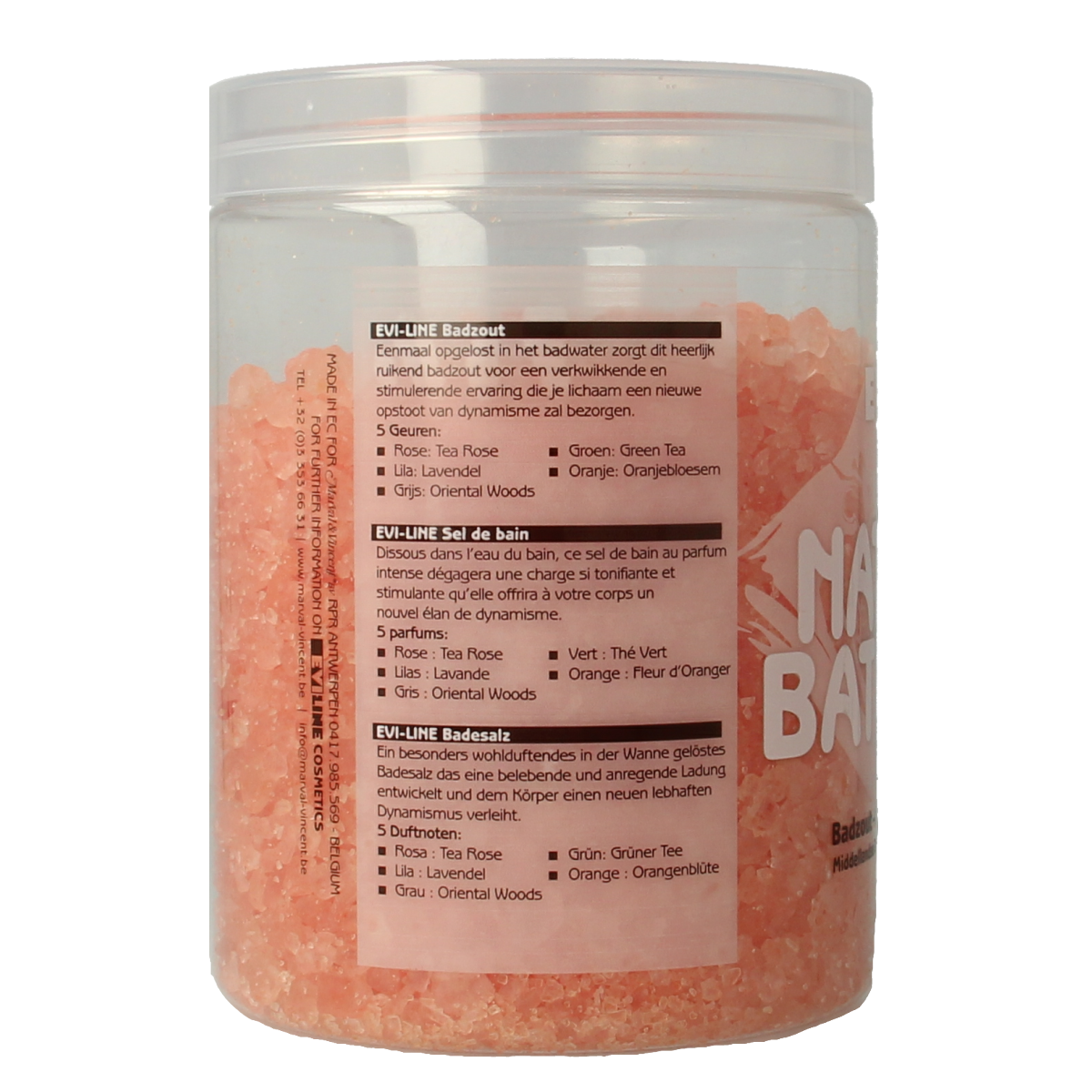 Evi Line Oranjebloesem Bad en Douche Badzout 1kg in a clear container showing orange blossom scent and packaging.