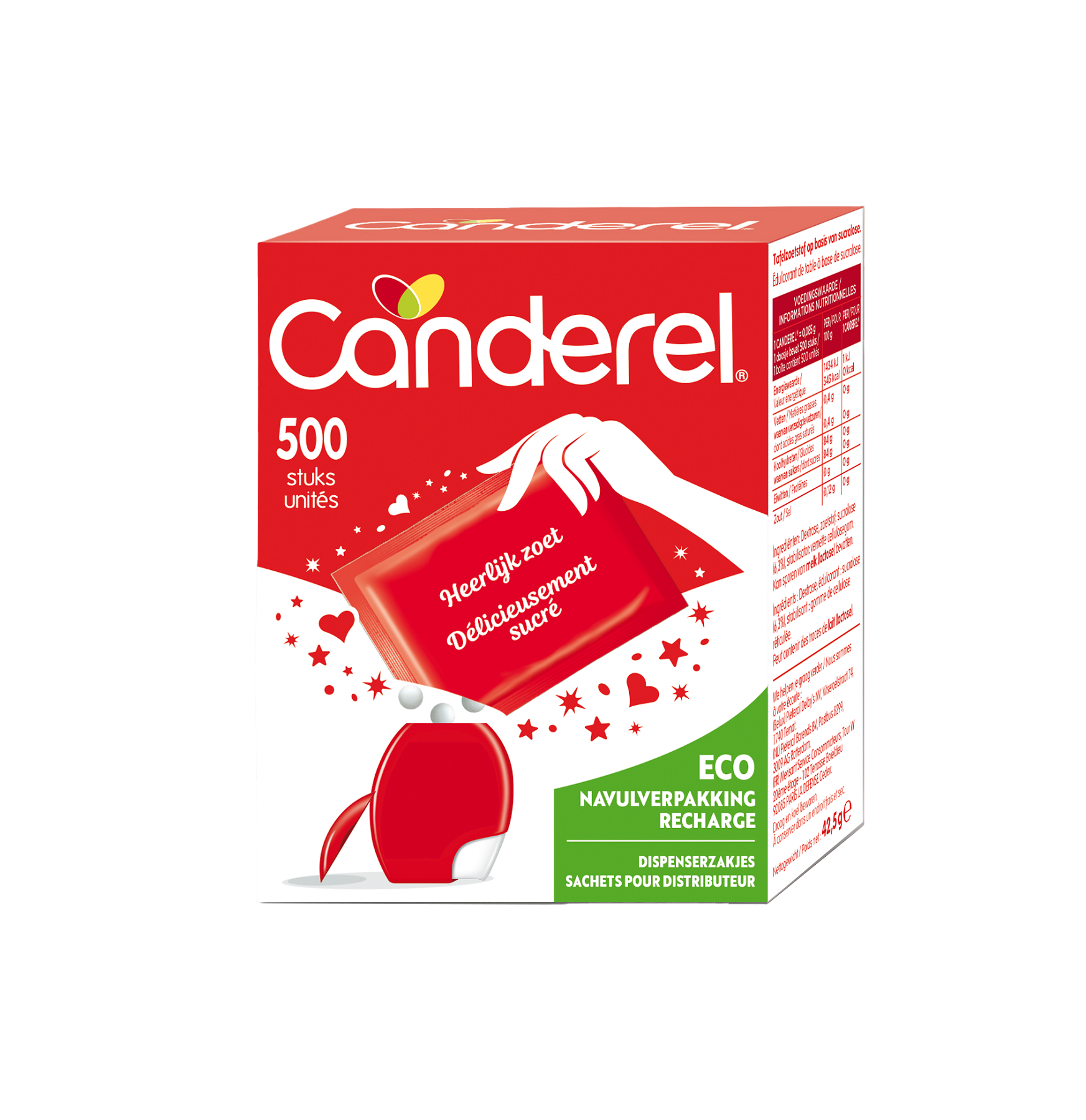 Canderel Zoetjes refill pack with 500 tablets of sugar and sweetener product for low-calorie sweetening.