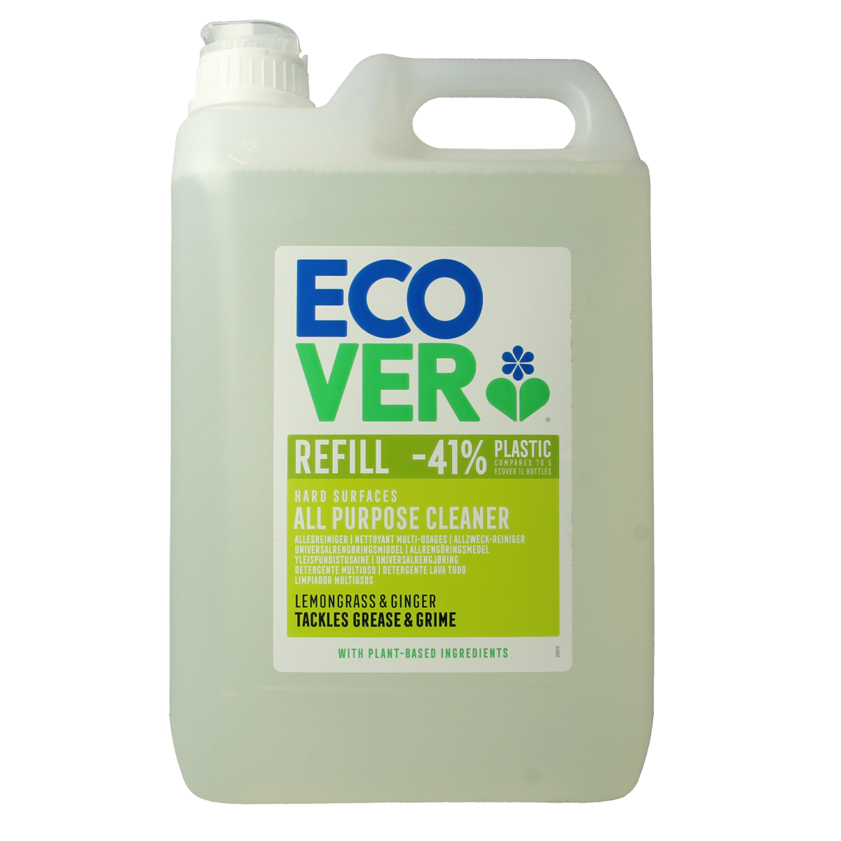 Ecover Allesreiniger 5-liter bottle of multi-surface cleaner in a green and white container, suitable for household cleaning.