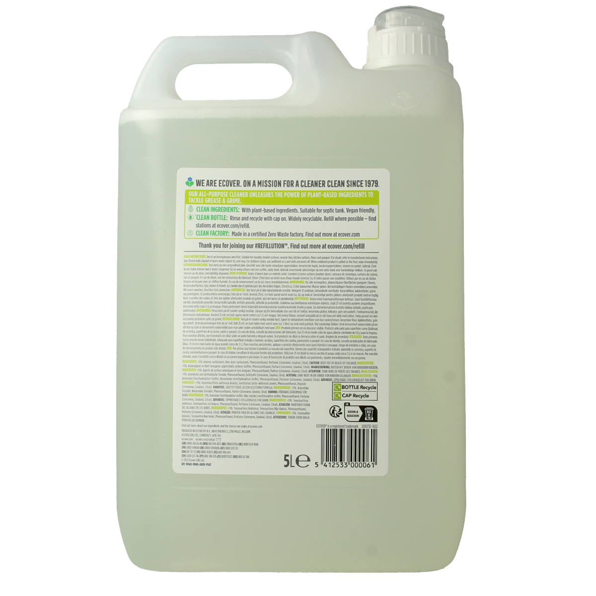 Ecover Allesreiniger 5-liter bottle of multi-surface cleaner from Ecover, showcasing the clean, eco-friendly cleaning product.