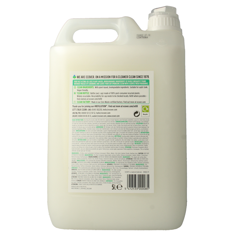 Ecover WC reiniger met munt geur in 5-liter container, toilet cleaner and freshener, with mint scent and brand logo visible.