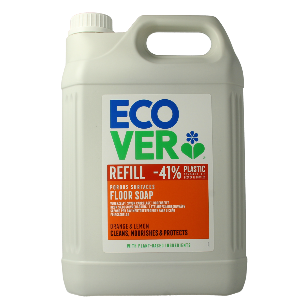 Ecover vloerzeep 5 liter bottle, natural cleaning product for smooth surfaces, with a green and white label showing the Ecover brand.