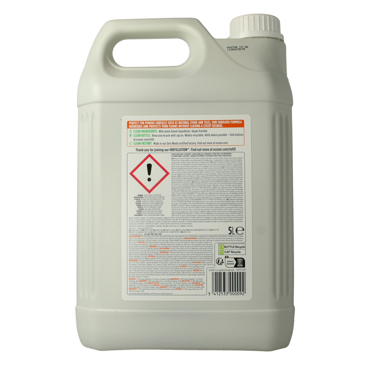 Ecover Vloerzeep 5L bottle, eco-friendly floor cleaning soap in a green plastic container with label, for household use.