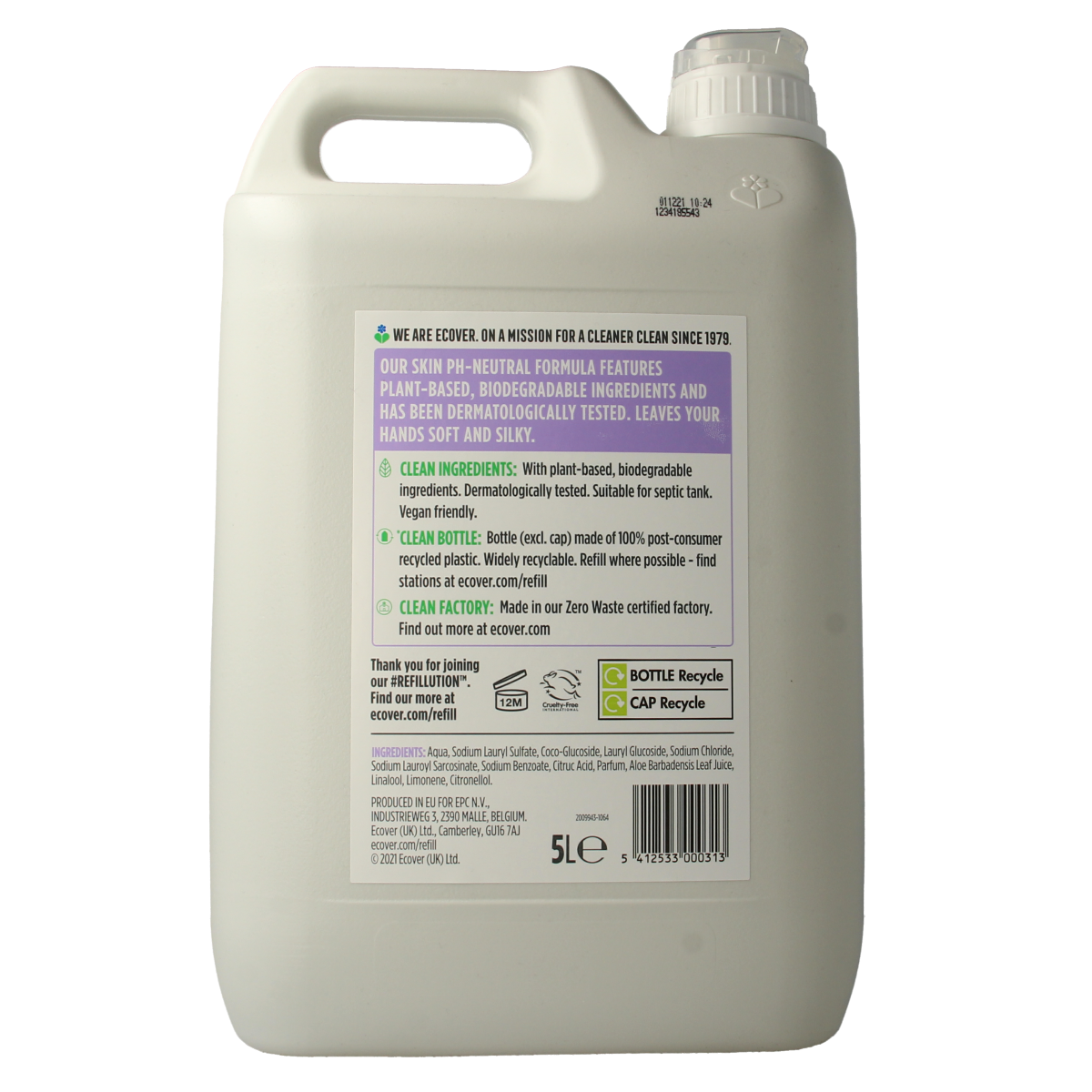Ecover lavender and aloe vera hand soap in a 5-liter bottle, gentle hand care with natural ingredients.