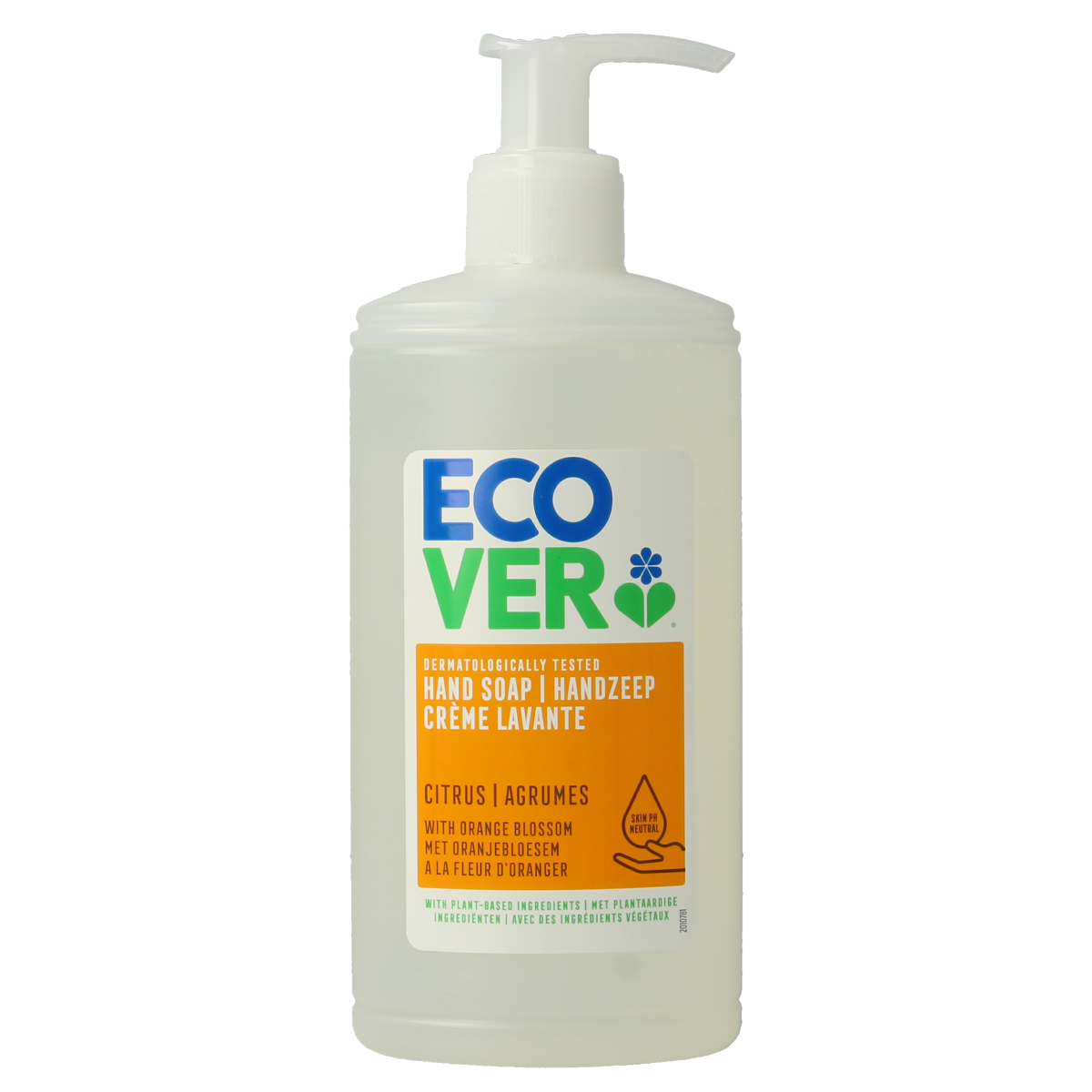 Ecover citrus oranjebloesem handzeep in 250ml bottle, natural handverzorging with fresh citrus and orange blossom scent