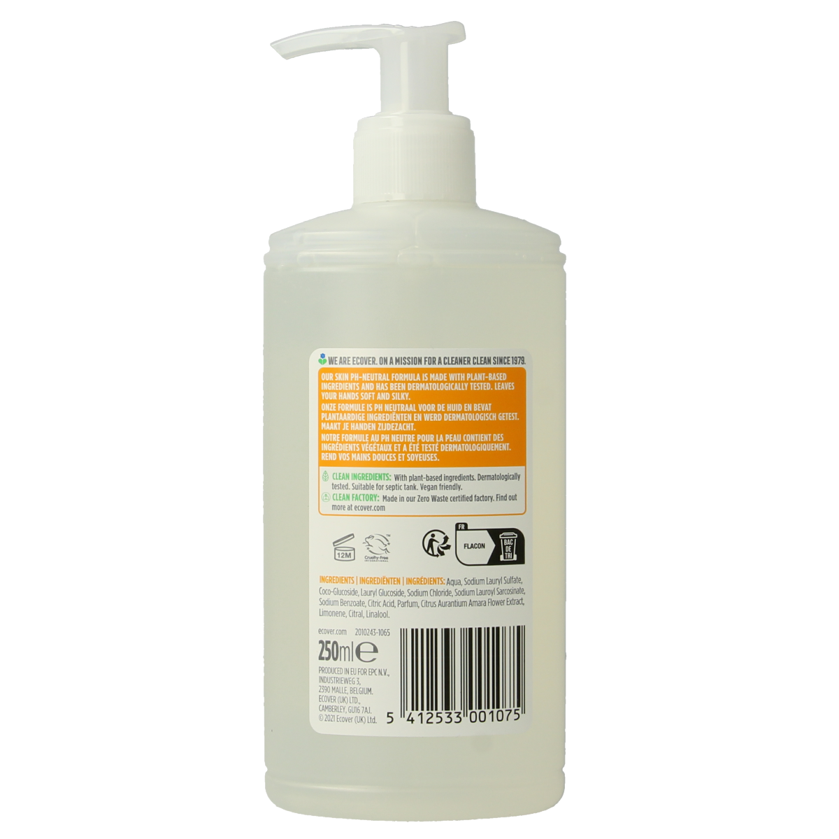 Ecover citrus oranjebloesem handzeep in 250ml bottle, natural handverzorging with citrus and orange blossom scent