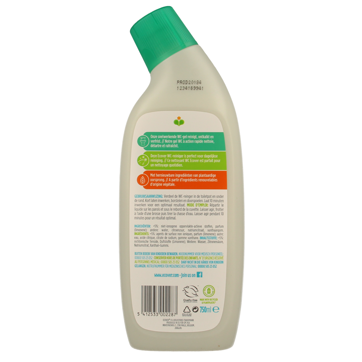 Ecover WC reiniger den & munt, 750ml bottle, eco-friendly bathroom cleaner with mint scent, for toilet cleaning.