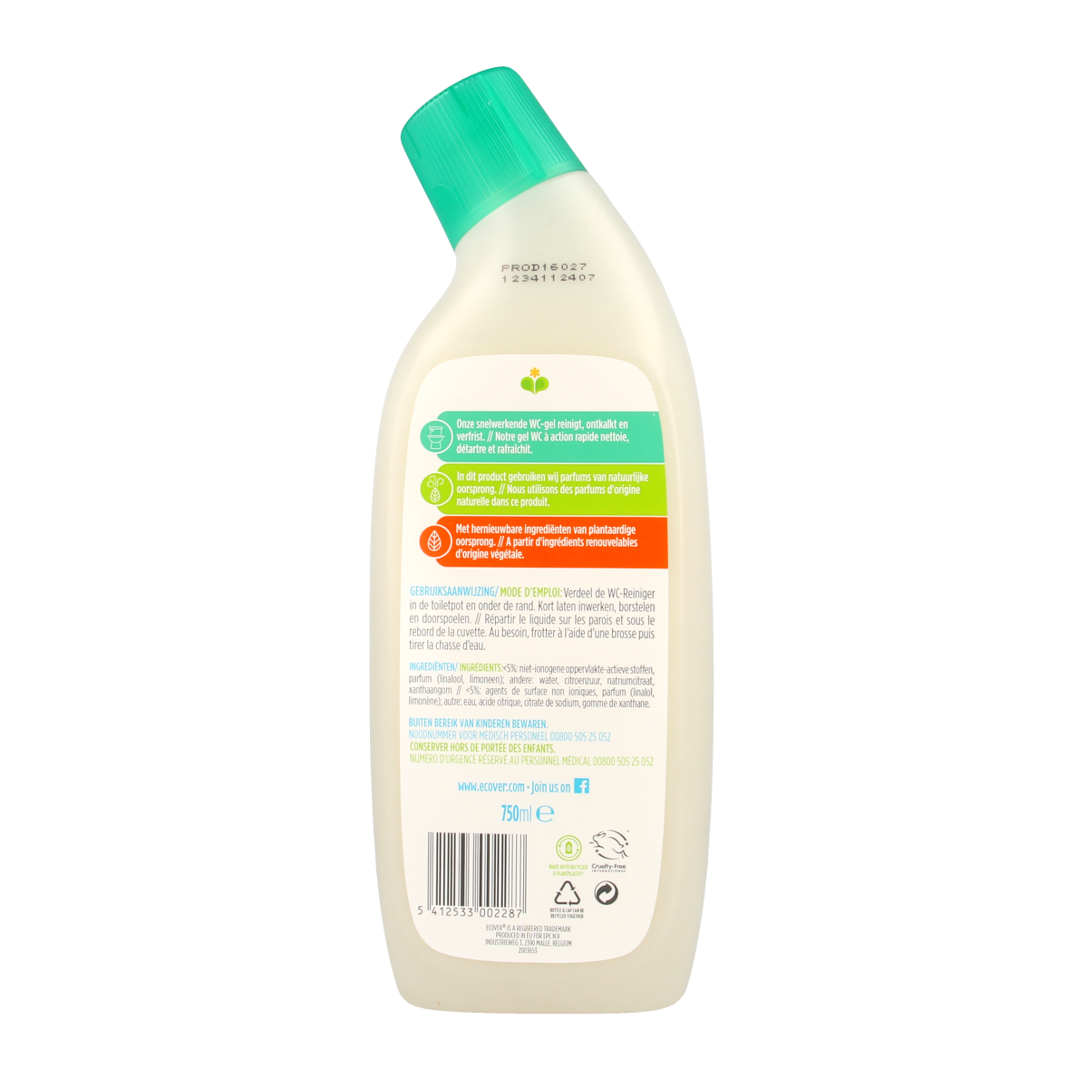 Ecover WC reiniger den & munt 750ml bottle with label, eco-friendly bathroom cleaner for toilet sanitation.