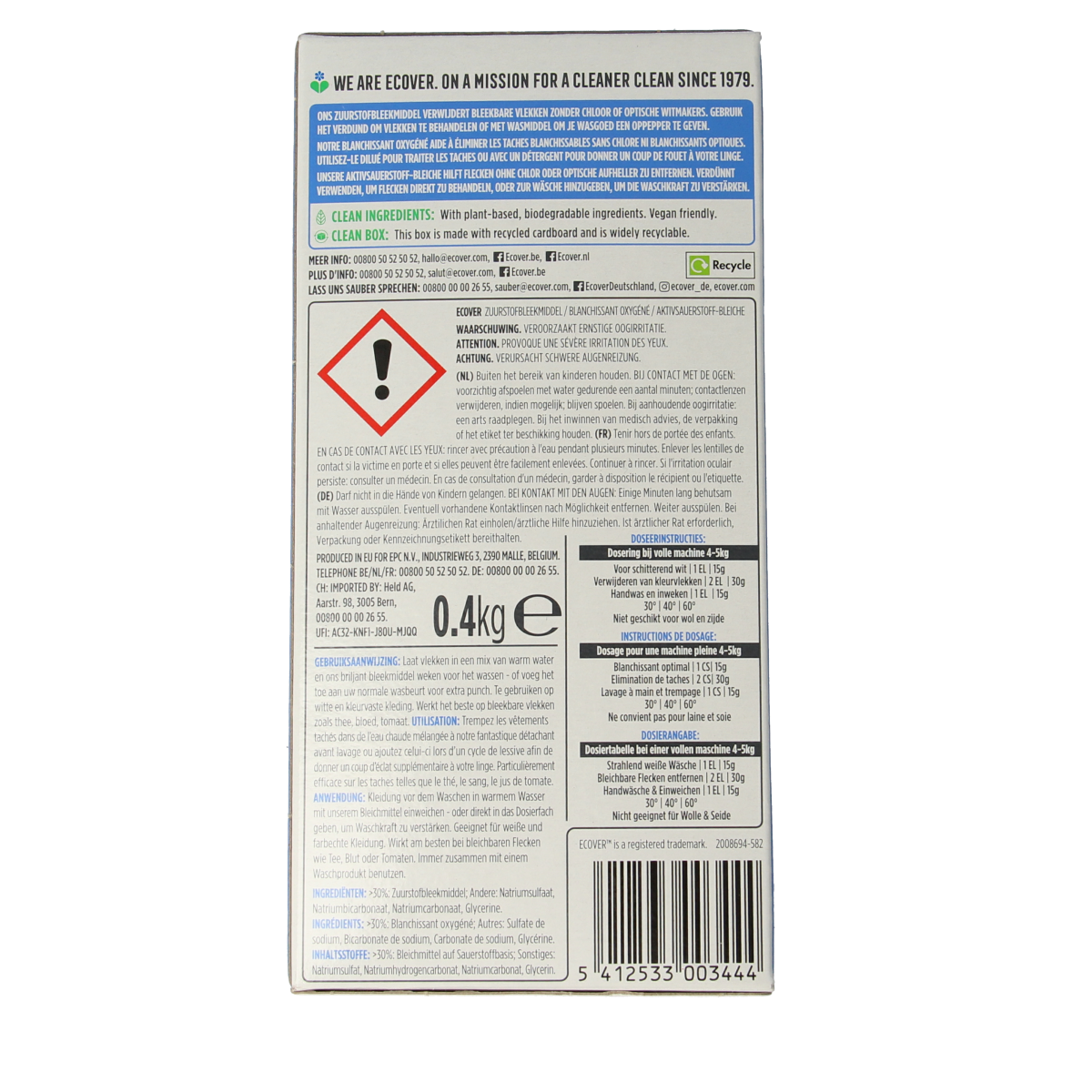 Ecover zuurstofbleekmiddel 400g container for laundry, white powder in a clear plastic jar with label.