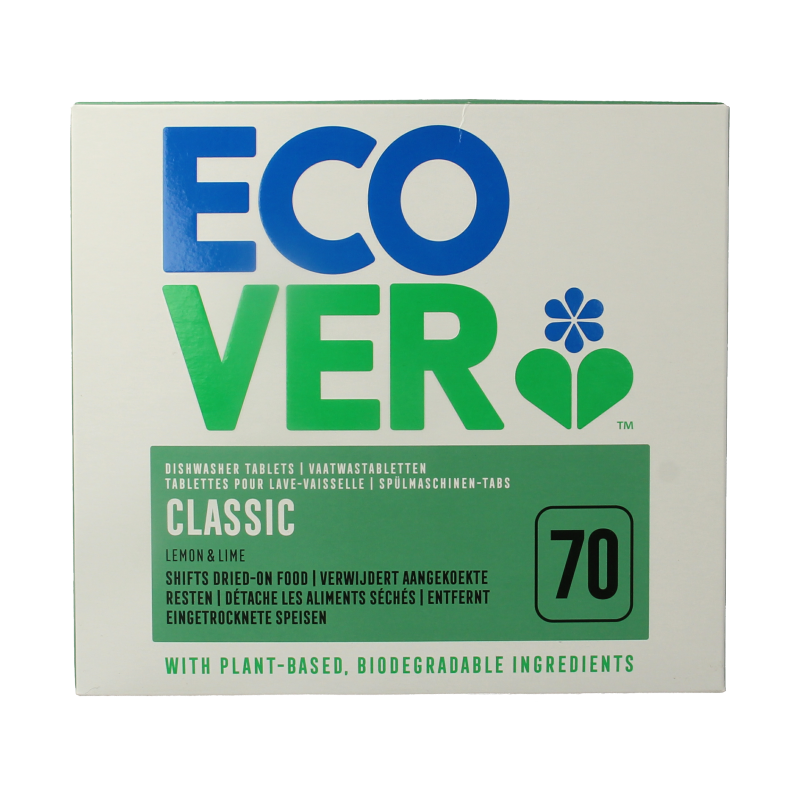 Ecover dishwasher tablets 70-count box showing 70 eco-friendly dishwasher detergent tablets in a box.