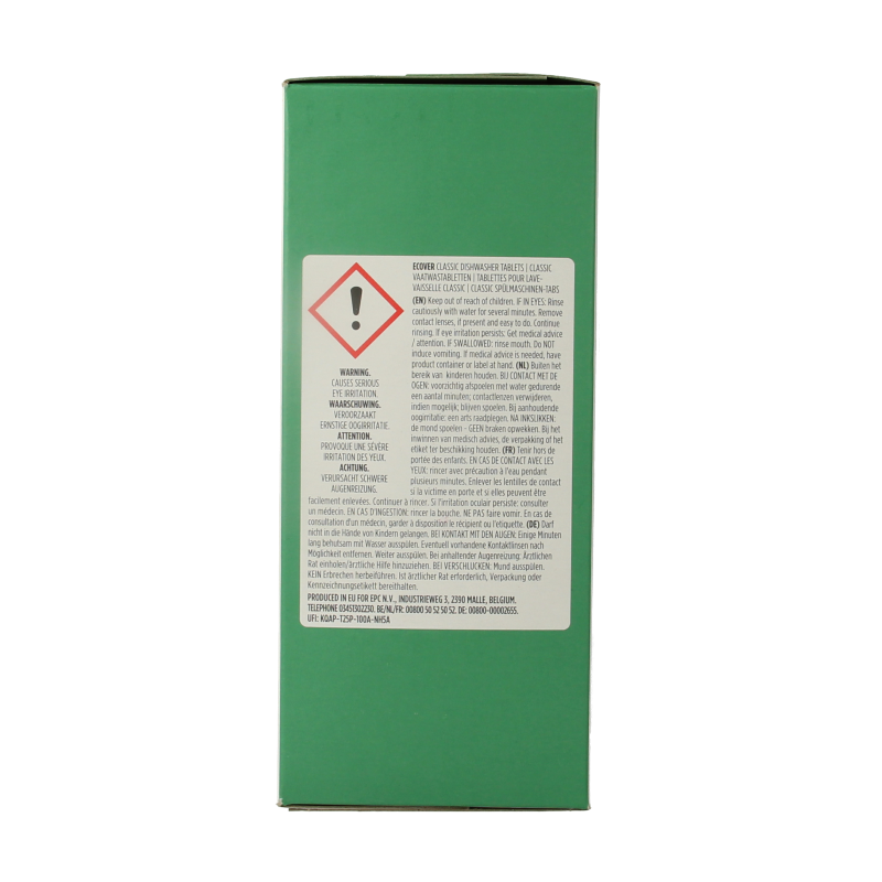 Ecover dishwasher tablets pack with 70 tablets for effective cleaning, featuring eco-friendly ingredients in a white and blue packaging.