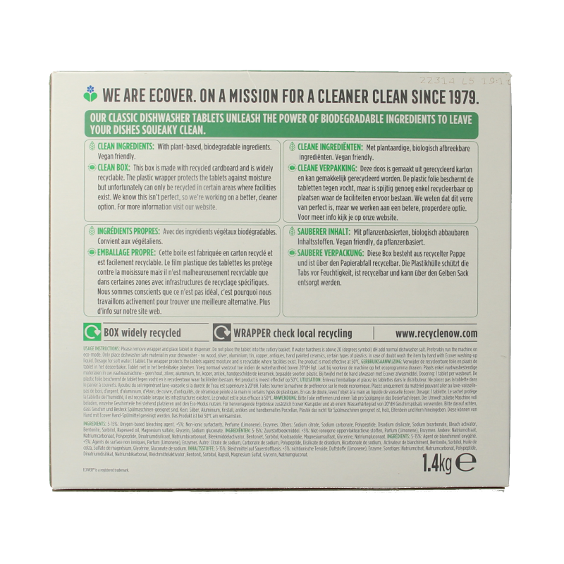 Ecover dishwashing tablets in a box, 70-count, eco-friendly dishwashing detergent for clean dishes and sustainable cleaning.