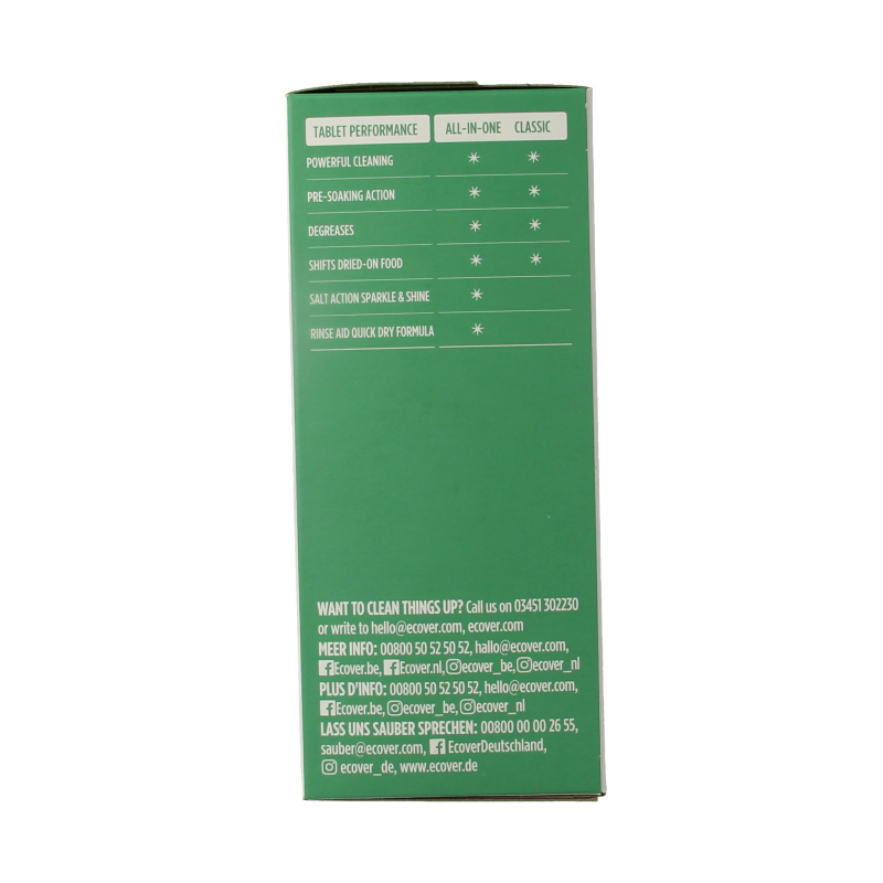 Ecover vaatwasmachine tabletten, 70 afwasmiddelen tablets arranged in a box, eco-friendly dishwashing product from Ecover