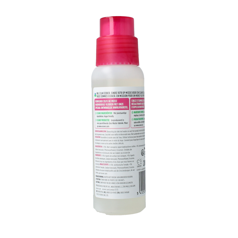 Ecover Ontvlekkingsmiddel 200ml bottle, eco-friendly cleaning product for removing stains and leaks from fabrics.