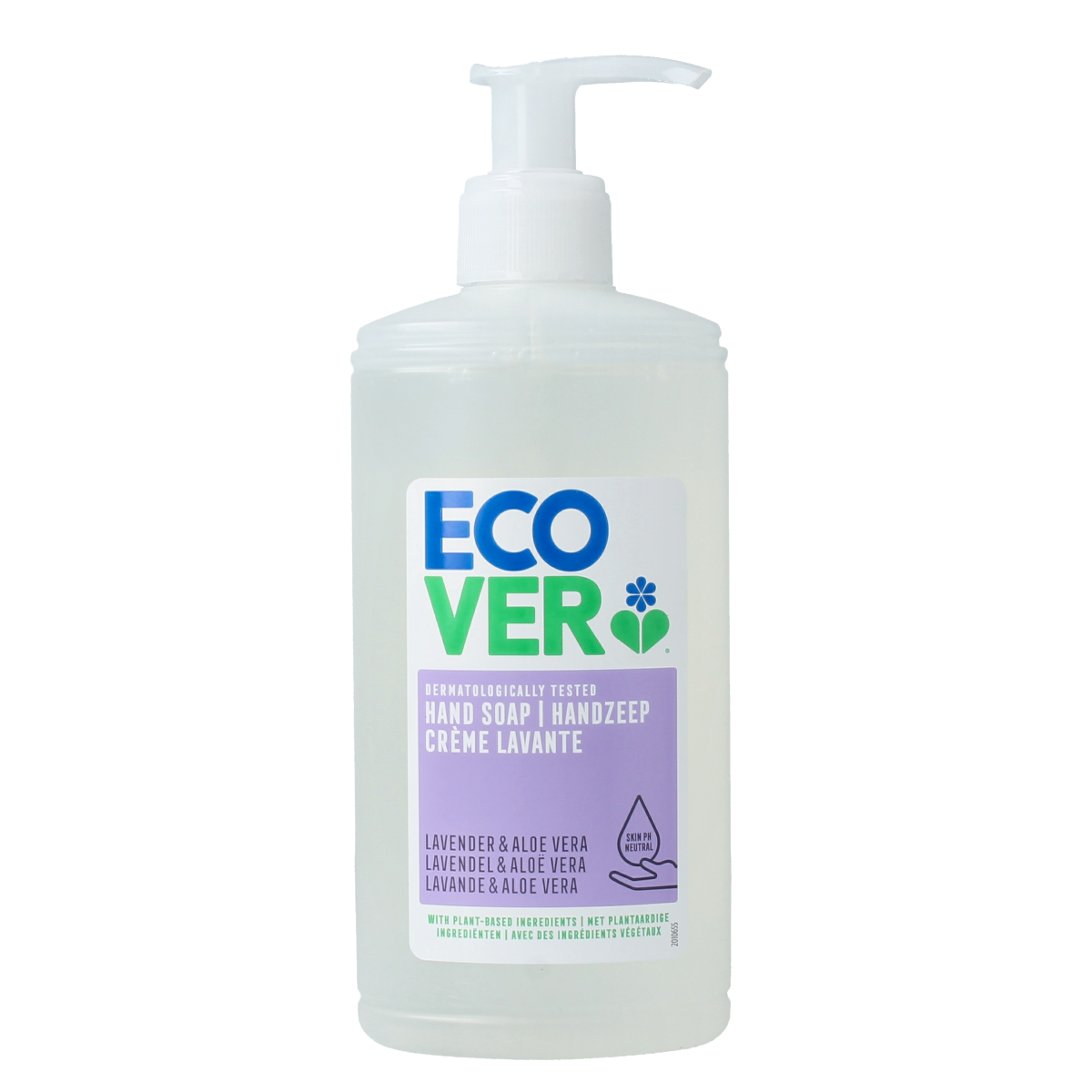 Ecover lavender and aloe vera hand soap in 250ml bottle, moisturizing hand care product with floral scent.
