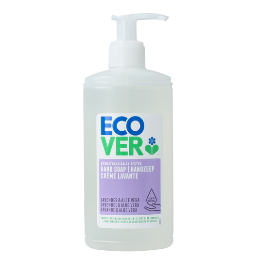Ecover lavender and aloe vera hand soap in 250ml bottle, moisturizing hand care product with floral scent.