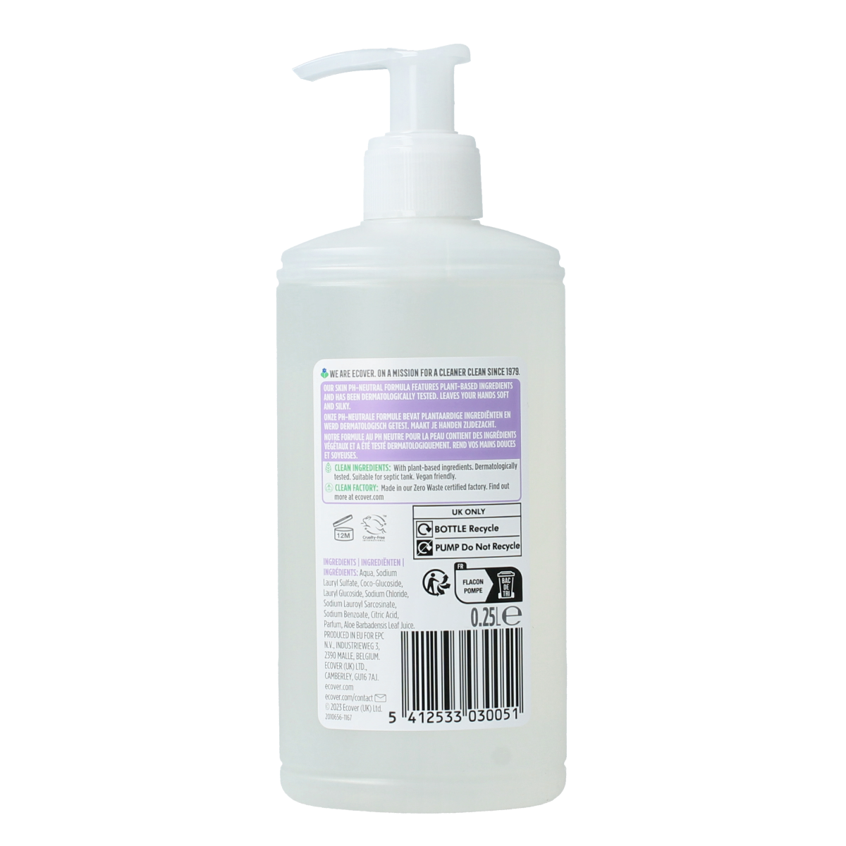 Ecover lavender and aloe vera hand soap in a 250ml bottle, featuring a clear pump dispenser with lavender and aloe vera illustrations.