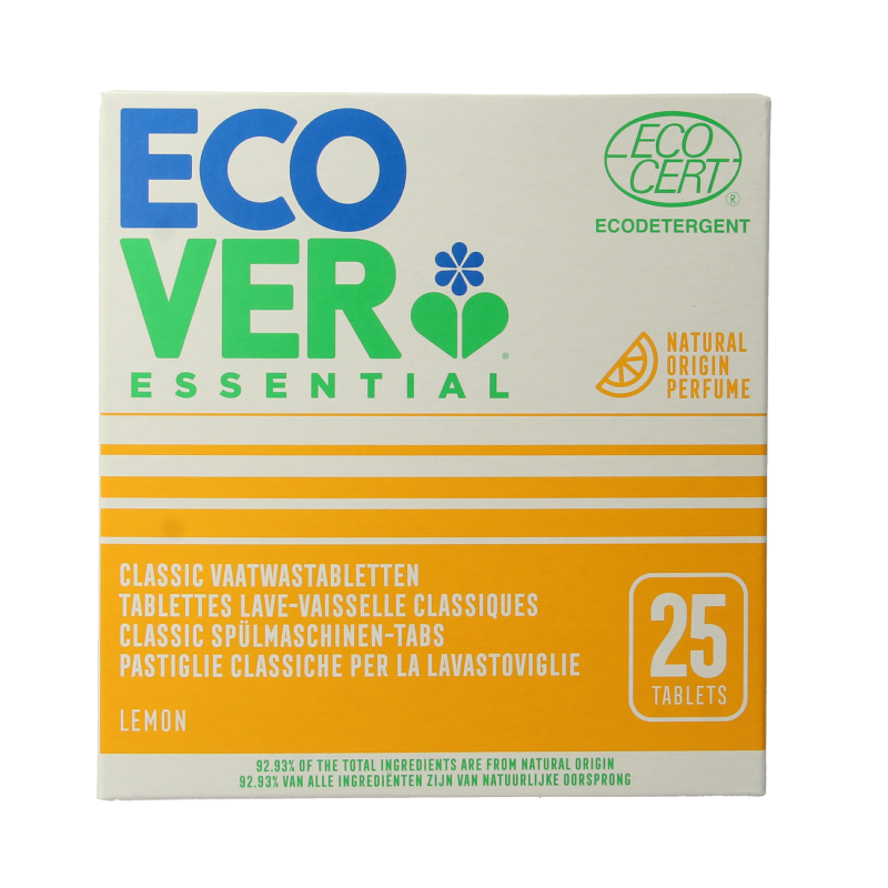 Ecover Essential dishwasher tablets 25-pack in a box, designed for effective cleaning of dishes and utensils.