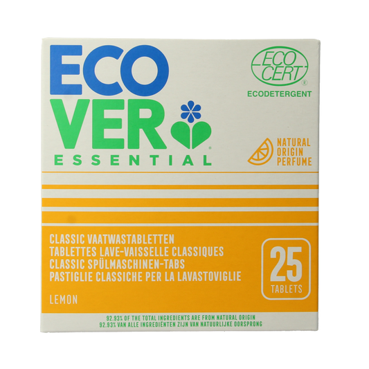 Ecover Essential dishwasher tablets 25-pack in a box, designed for effective cleaning of dishes and utensils.