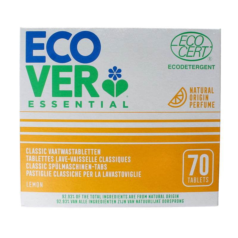 Ecover Essential dishwasher tablets 70 pieces, showing a box of eco-friendly dishwashing tablets with branding and product details.