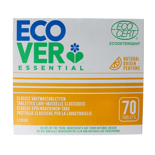Ecover Essential dishwasher tablets 70 pieces, showing a box of eco-friendly dishwashing tablets with branding and product details.