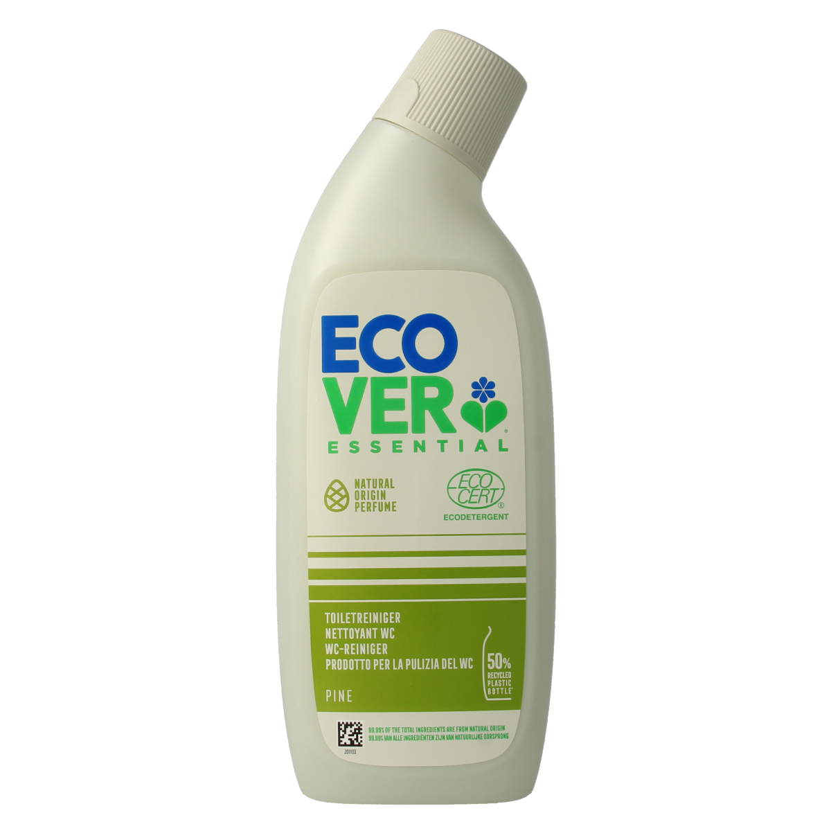 Ecover WC reiniger dennenfris 750ml, biodegradable toilet cleaner with fresh pine scent, in a white bottle with blue cap.