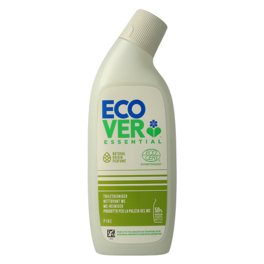 Ecover WC reiniger dennenfris 750ml, biodegradable toilet cleaner with fresh pine scent, in a white bottle with blue cap.