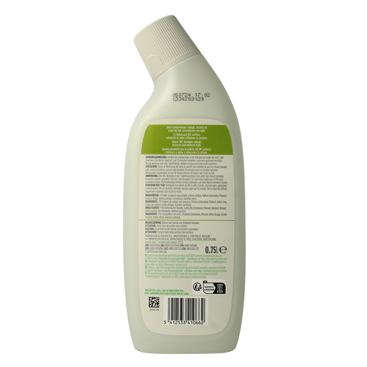 Ecover WC reiniger dennenfris 750ml bottle showing the label and nozzle for toilet cleaning and freshening.